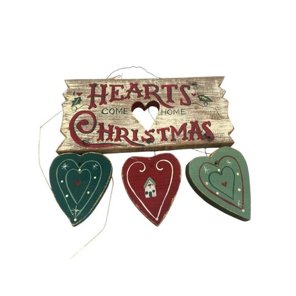 Vintage Wooden Christmas Wall Hanging Decor "Hearts Come Home Christmas" - Picture 1 of 4